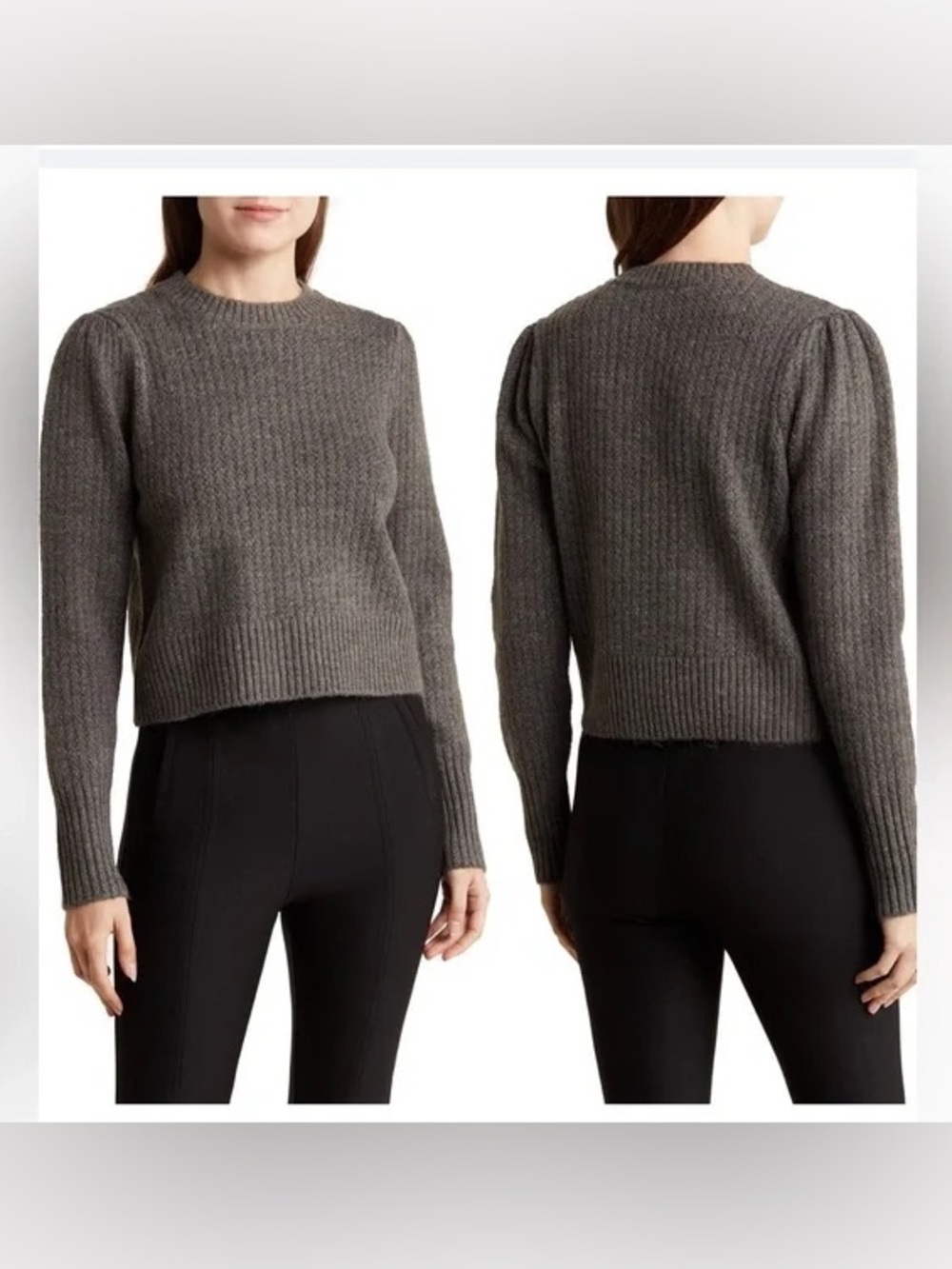 Elodie Ribbed Crewneck Puff-Sleeve Sweater - Gray